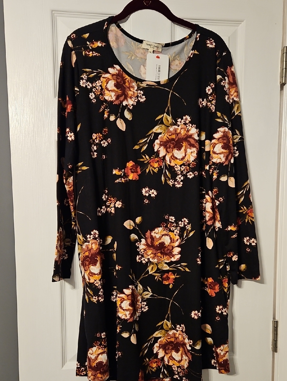 Sweet Love Black Floral Long Sleeve Swing Dress with Rust and Cream Blooms